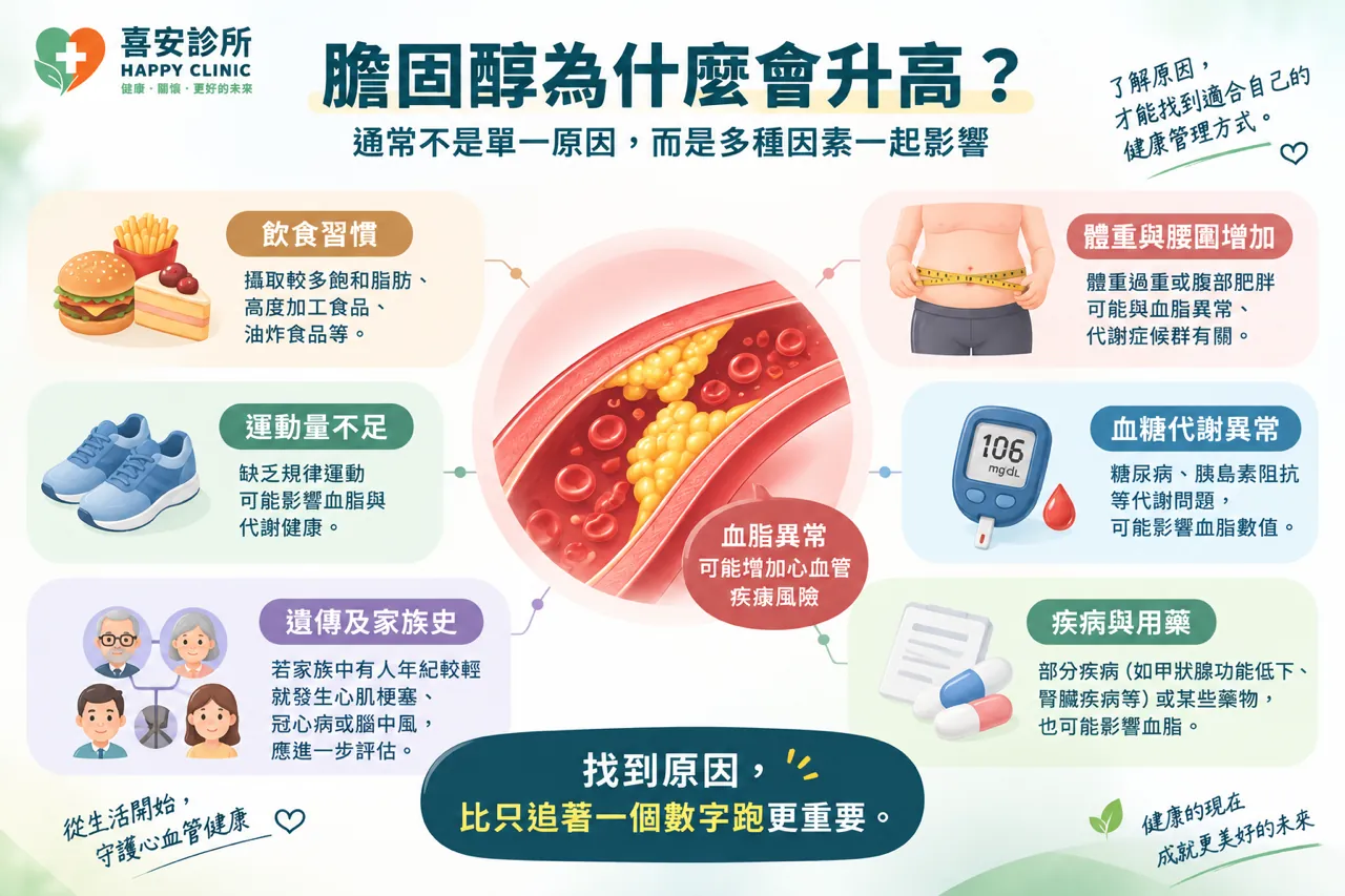 影響膽固醇與血脂健康的飲食、體重、運動、血糖、遺傳及用藥因素示意圖