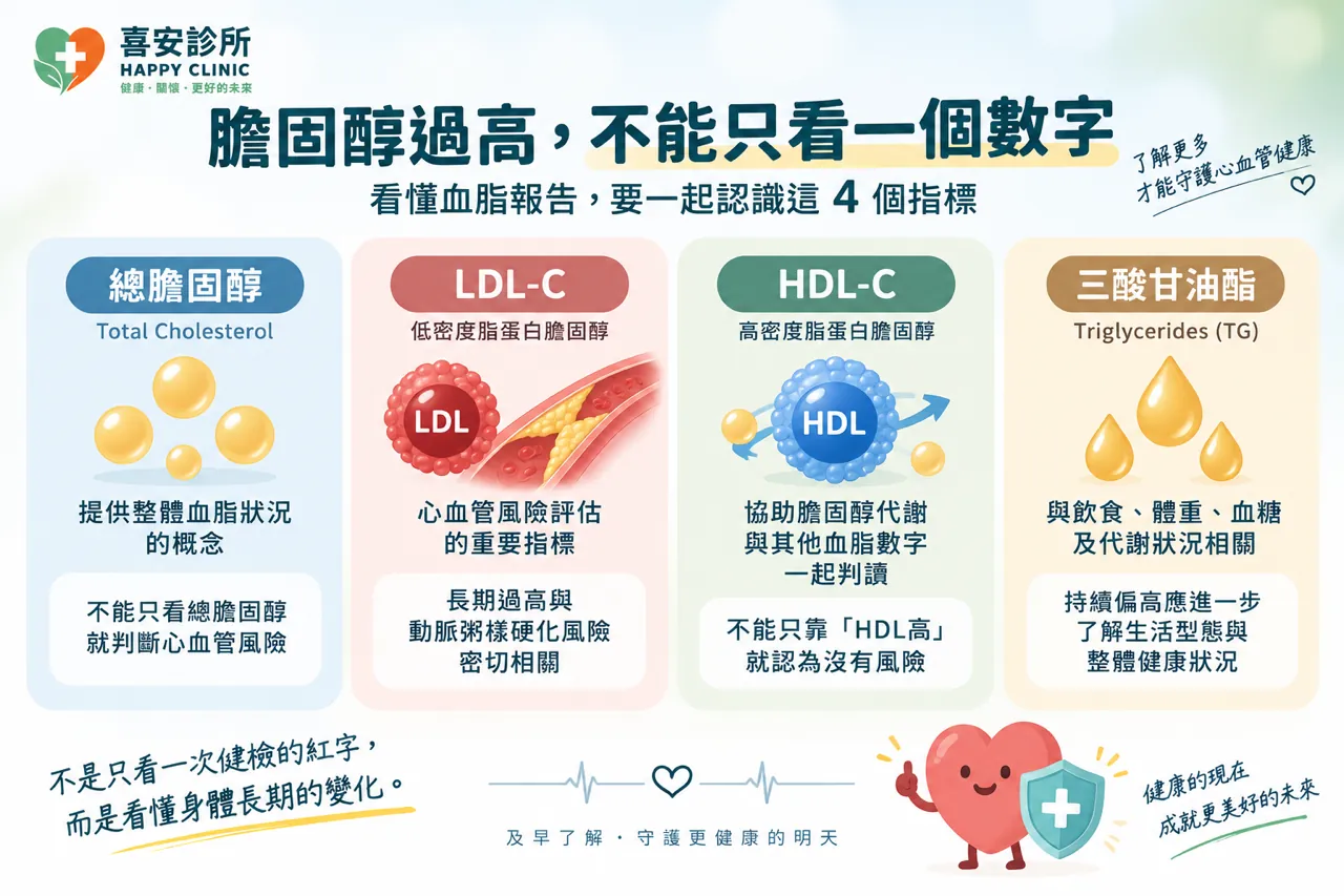 膽固醇血脂報告中的總膽固醇、LDL、HDL 與三酸甘油酯四項指標說明