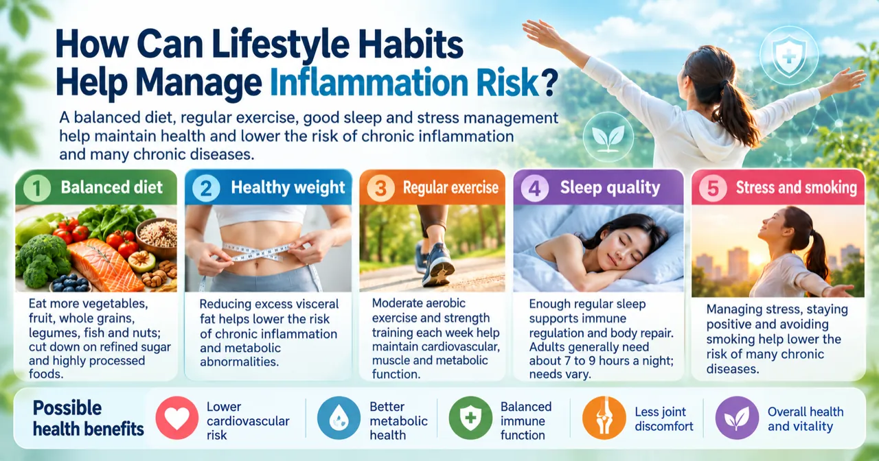 Five lifestyle habits for managing inflammation risk: balanced diet, healthy weight, regular exercise, sleep quality and stress management