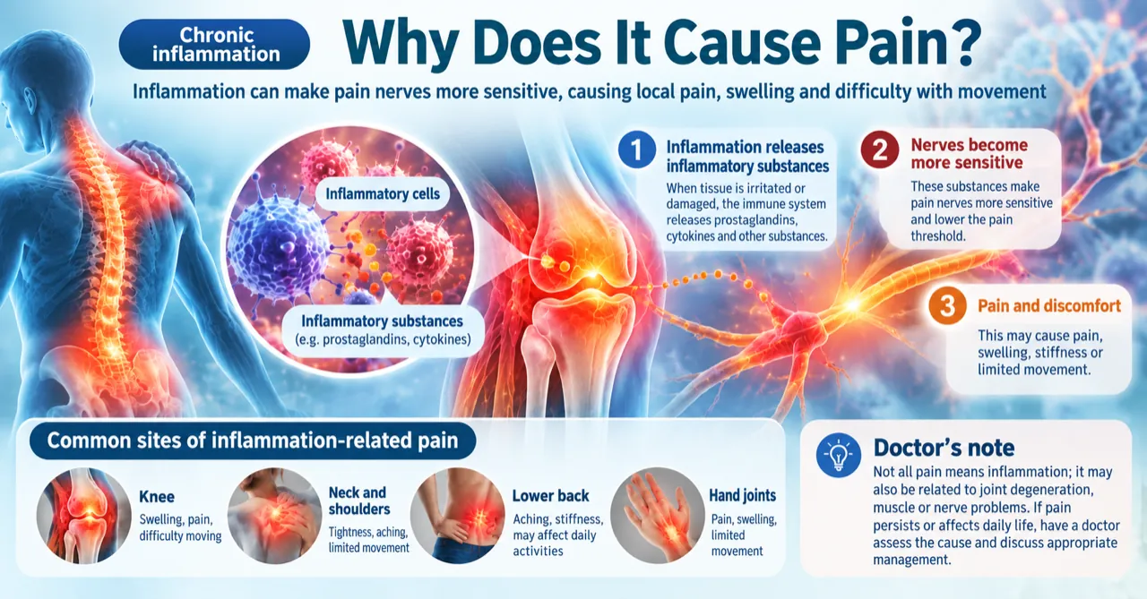 Why chronic inflammation causes pain: inflammatory substances make pain nerves more sensitive, with common pain sites such as the knee, neck and shoulders, lower back and hands