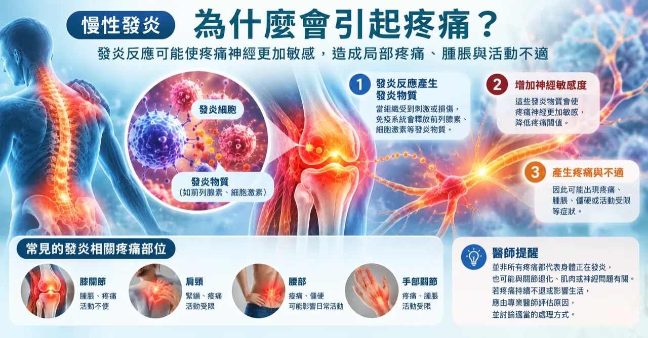 慢性發炎為什麼會引起疼痛：發炎物質使疼痛神經更敏感，以及膝關節、肩頸、腰部、手部等常見疼痛部位