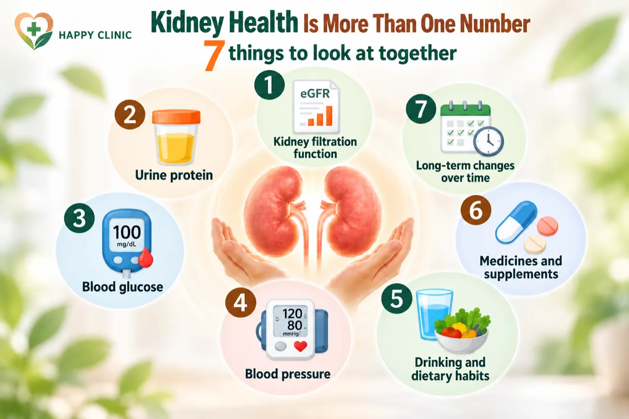 Kidney illustration surrounded by seven health management points: kidney function, urine protein, blood glucose, blood pressure, drinking and diet, medication, and long-term follow-up