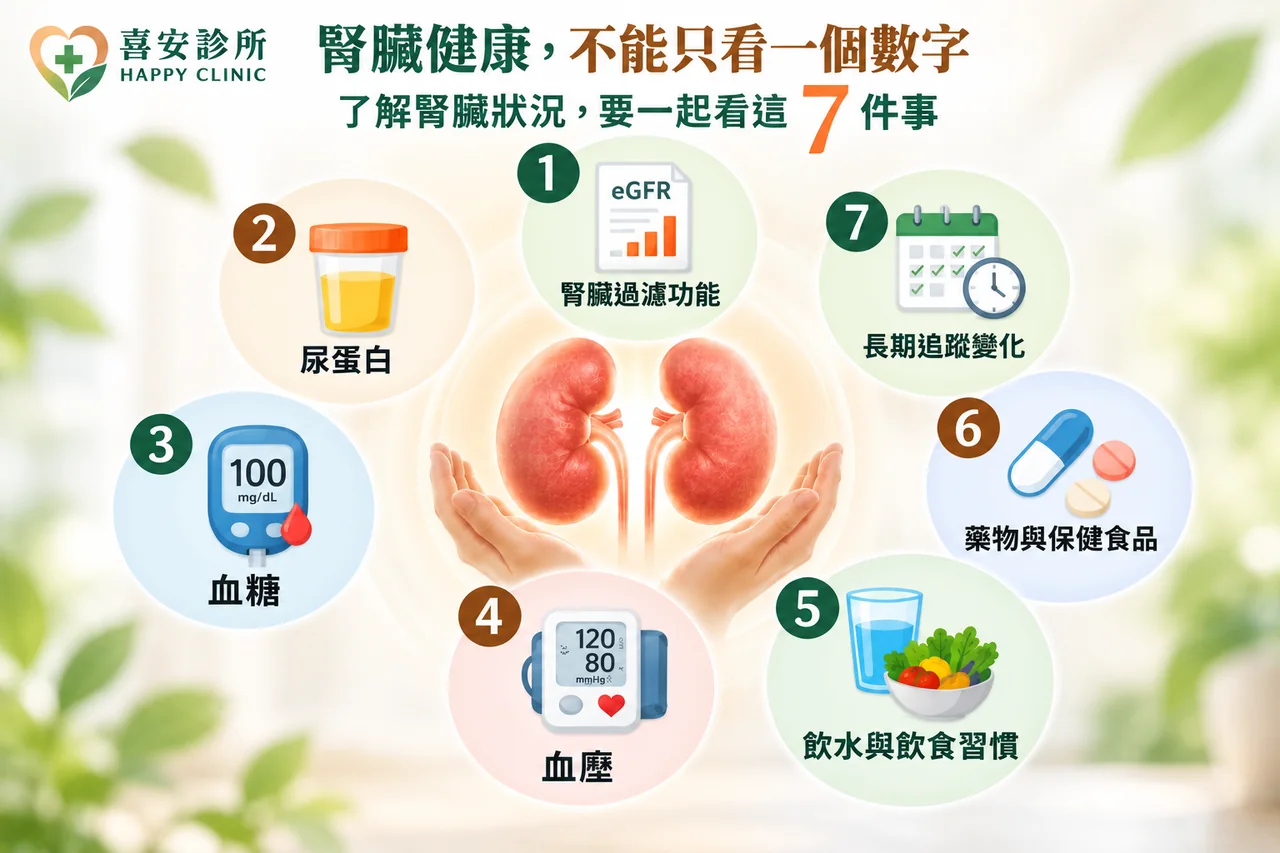 腎臟示意周圍呈現腎功能、尿蛋白、血糖、血壓、飲食飲水、用藥與長期追蹤七項健康管理重點