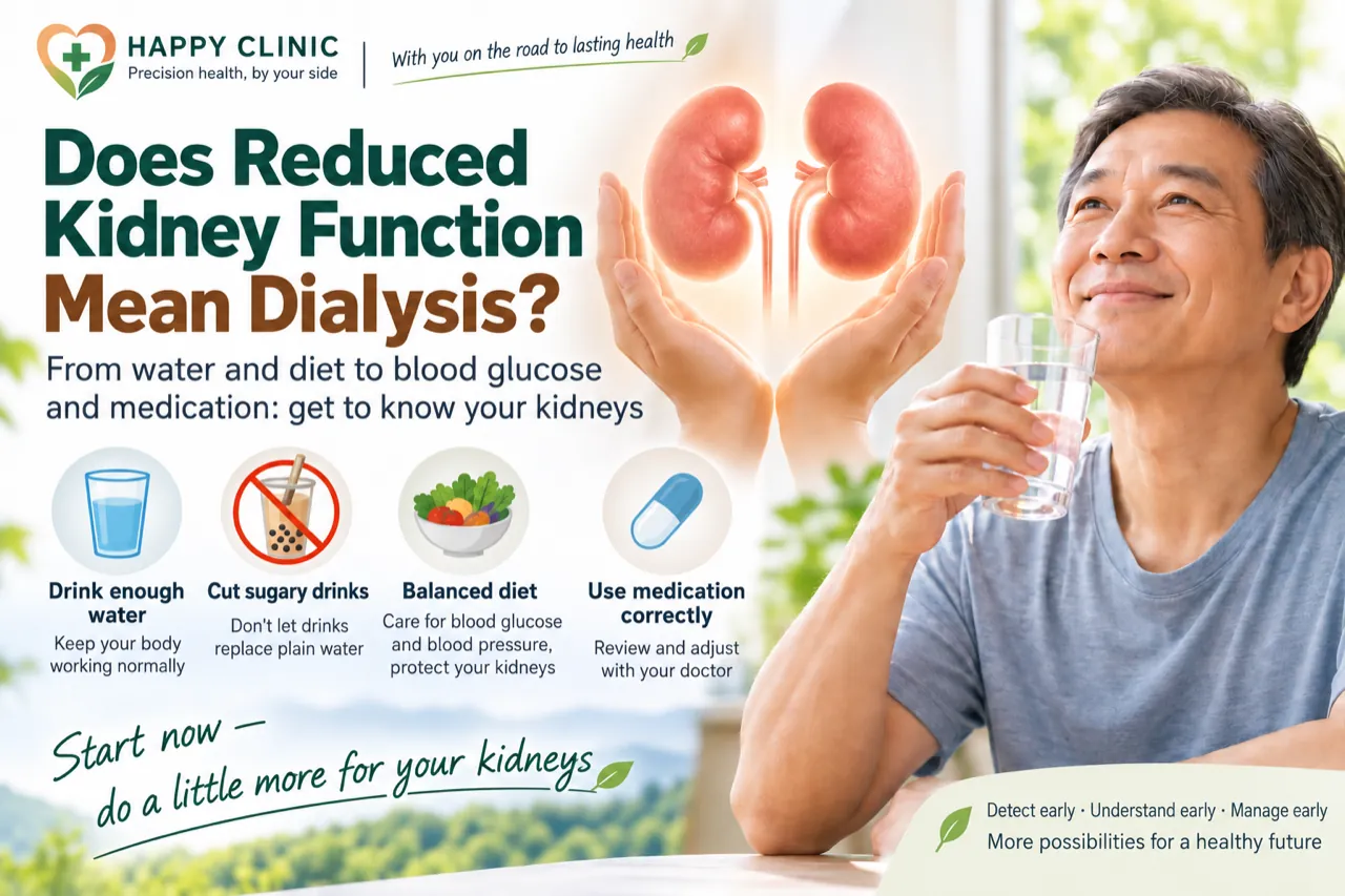 Middle-aged man holding a glass of water, with kidney illustration and icons for water intake, diet and medication management