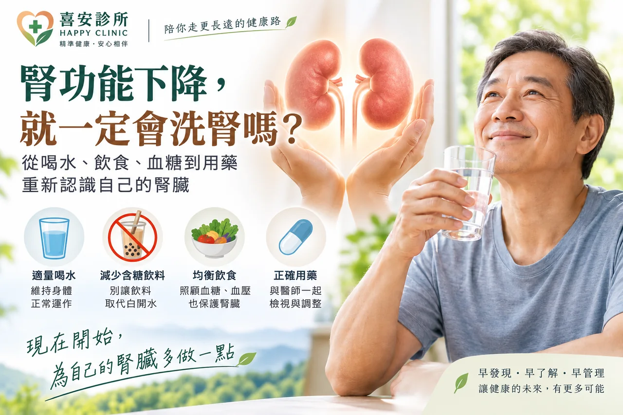 中年男性手持白開水，搭配腎臟示意與飲水、飲食及用藥健康管理圖示