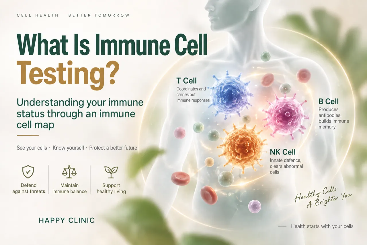 Illustration of immune cell testing and an immune cell map of T cells, B cells and NK cells