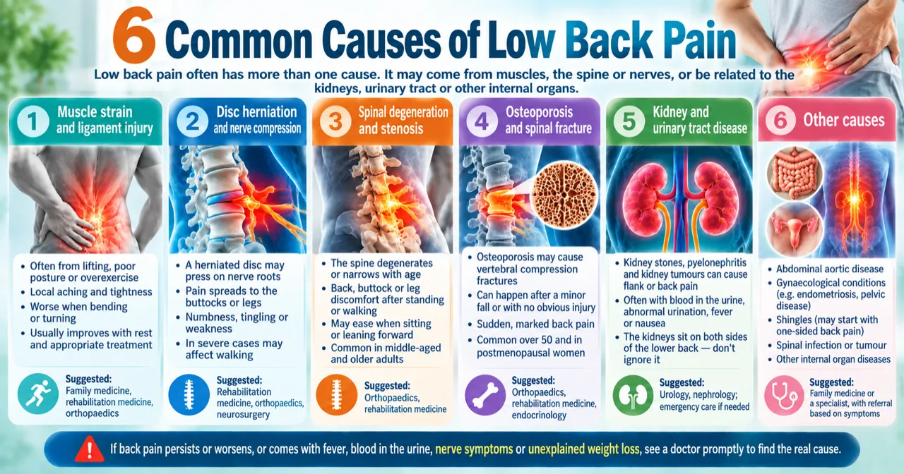 6 common causes of low back pain: muscle strain, disc herniation, spinal degeneration, osteoporotic fracture, kidney and urinary tract disease, and other causes, with suggested specialties