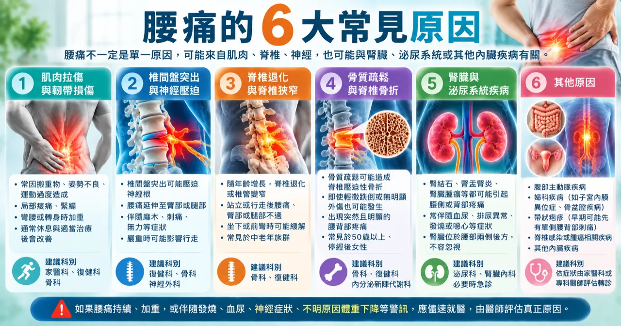 腰痛的 6 大常見原因：肌肉拉傷、椎間盤突出、脊椎退化、骨質疏鬆骨折、腎臟與泌尿系統疾病及其他原因與建議科別