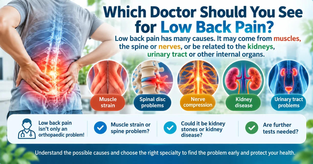 Low back pain may be related to muscles, spinal nerves or kidney disease; choose the right specialty based on your symptoms