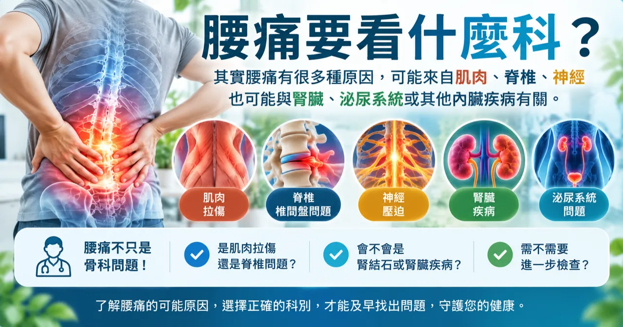 腰痛可能與肌肉、脊椎神經或腎臟疾病有關，應依症狀選擇適合的就診科別。