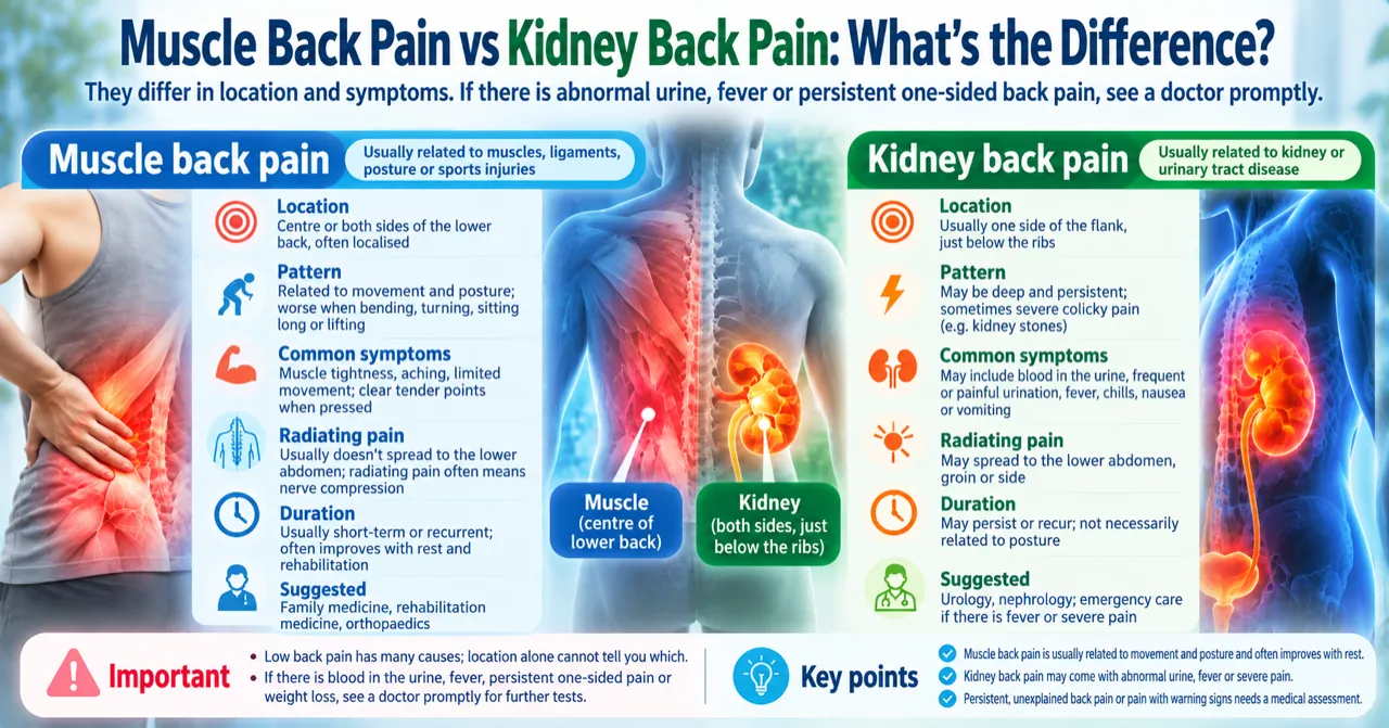 Muscle back pain vs kidney back pain: location, pattern, common symptoms, radiating pain and suggested specialties compared