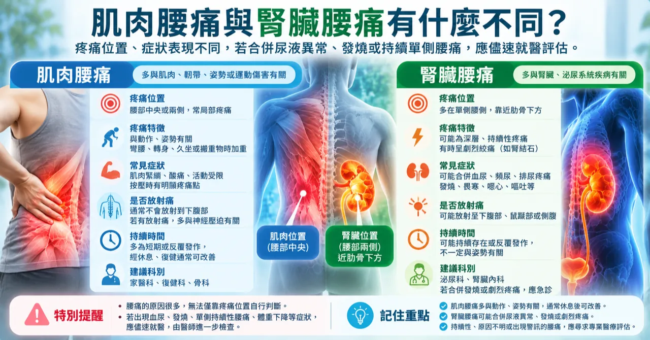 肌肉腰痛與腎臟腰痛的差異：疼痛位置、疼痛特徵、常見症狀、放射痛與建議科別比較