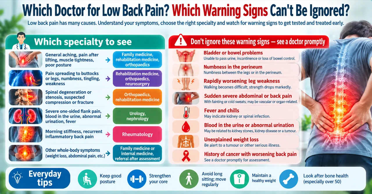 Which specialty to see for low back pain, and warning signs that should not be ignored, such as bladder or bowel problems, perineal numbness and rapidly worsening leg weakness