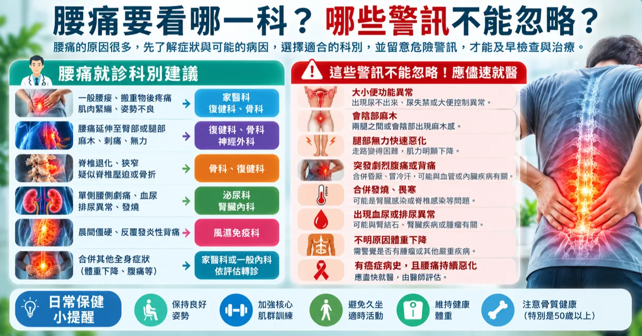 腰痛就診科別建議與不能忽略的危險警訊，包括大小便功能異常、會陰麻木與腿部無力快速惡化