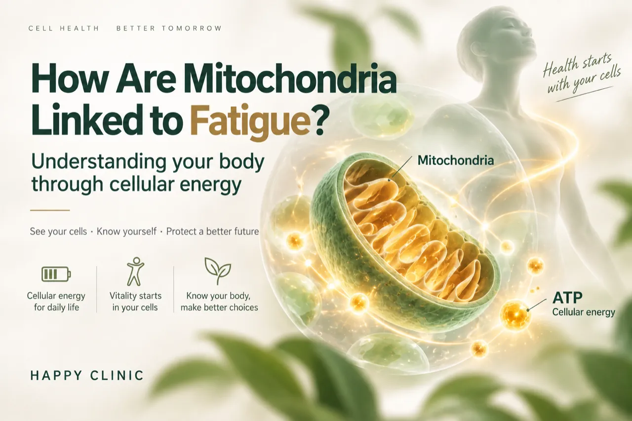 Illustration of the relationship between mitochondrial function and fatigue, with ATP and cellular energy