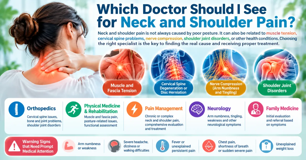 Neck and shoulder pain may be related to muscle and fascia tension, cervical spine degeneration, nerve compression or shoulder joint disease; choose the right specialty based on your symptoms