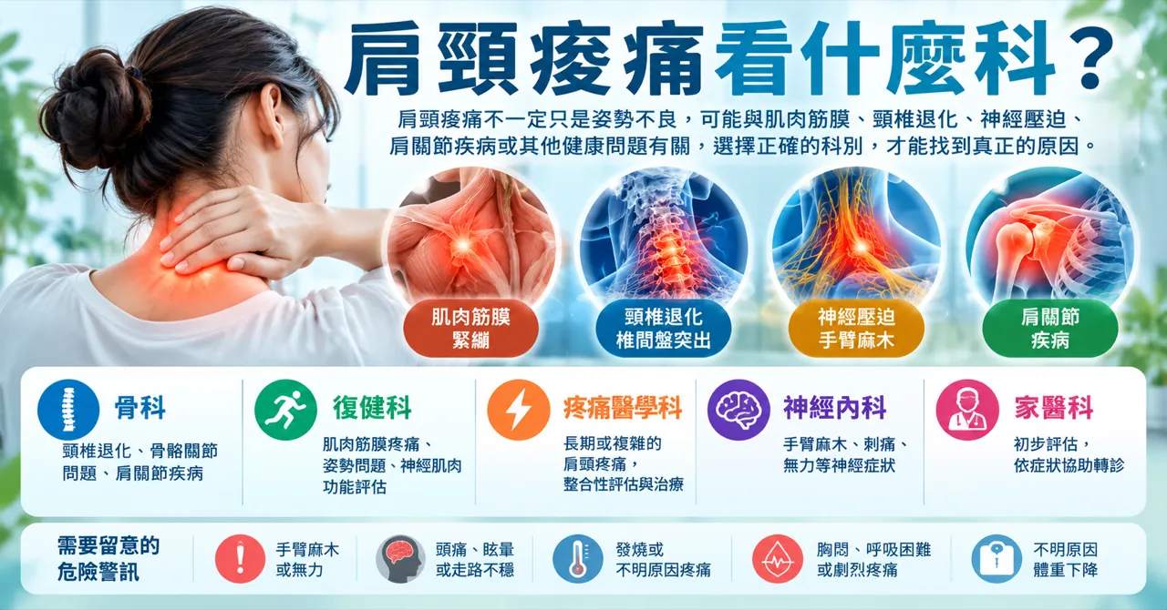 肩頸痠痛可能與肌肉筋膜、頸椎退化、神經壓迫及肩關節疾病有關，應依症狀選擇適當科別評估。