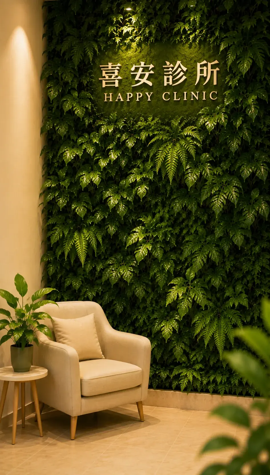 喜安診所候診空間的植物牆與米色單椅
