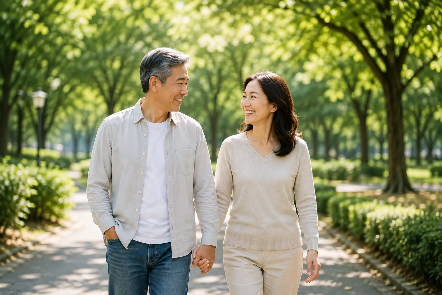 中高齡夫妻在綠蔭步道散步