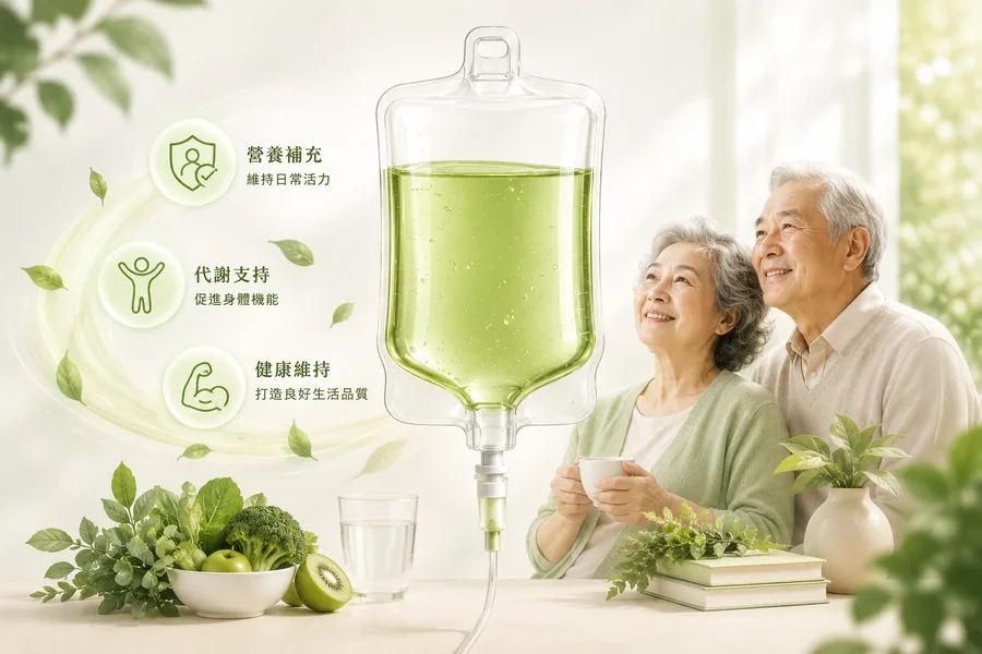 長者伴侶與綠色點滴袋