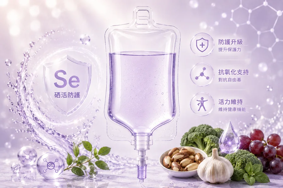 硒元素標示與紫色點滴袋
