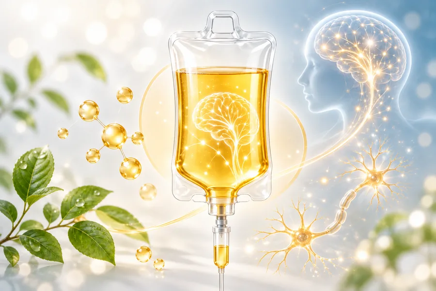 金黃色點滴袋中浮現腦部光影，周圍環繞神經元與分子示意