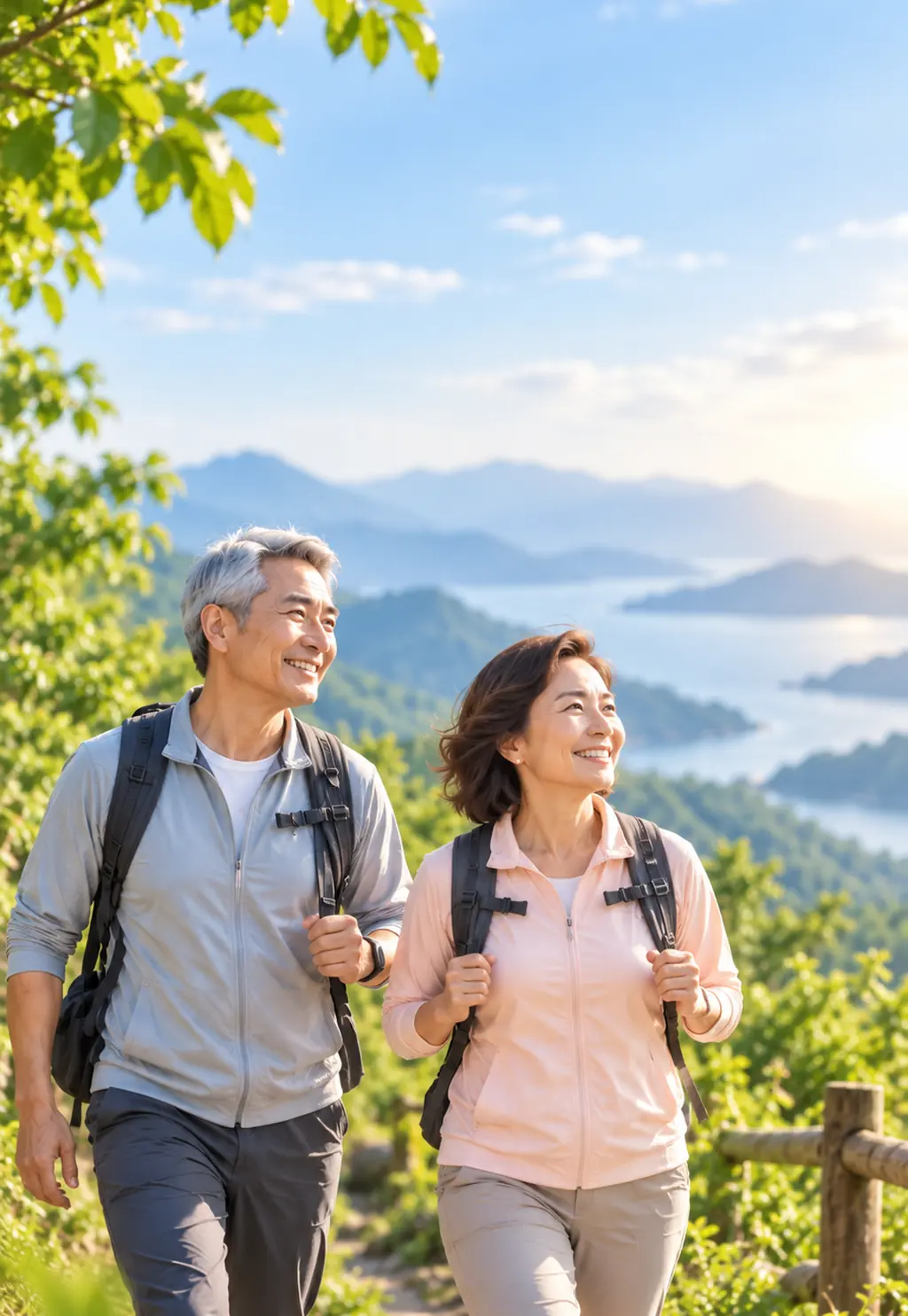 中高齡伴侶在山林步道健行