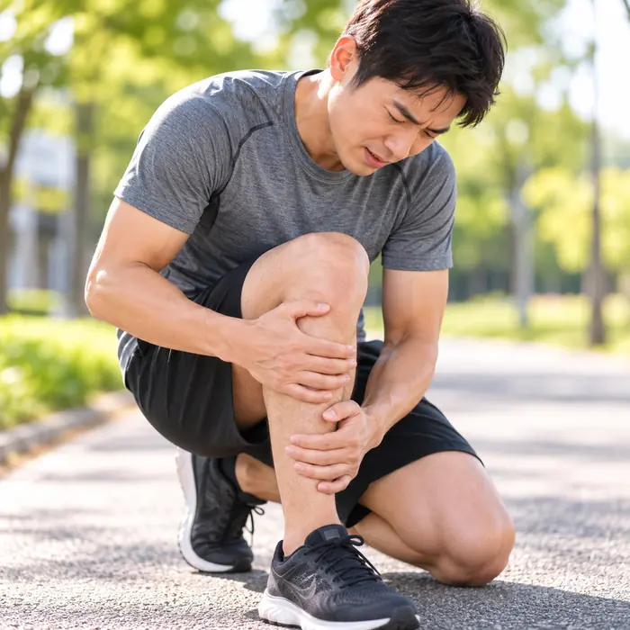 男性運動後蹲下按著膝蓋