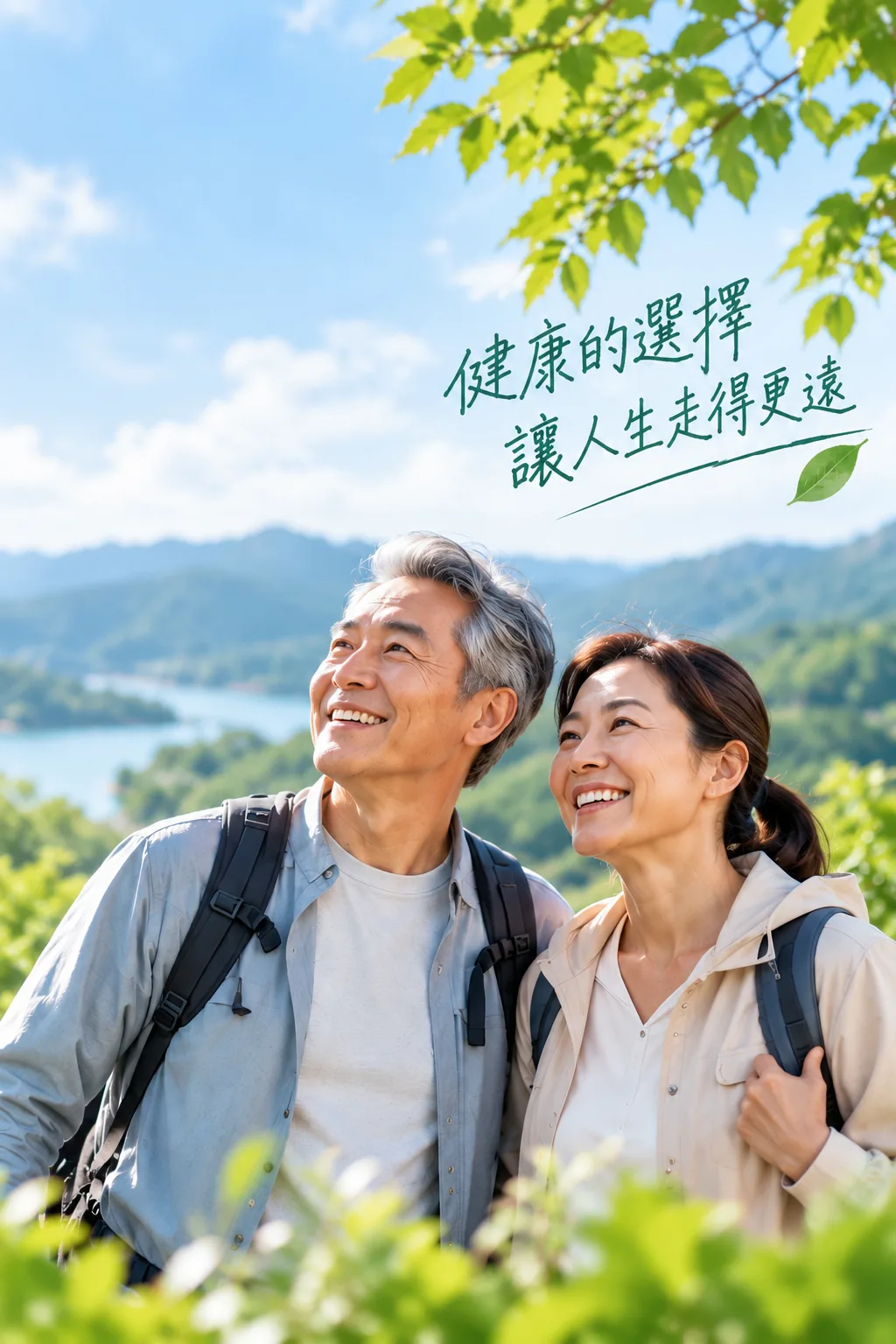 中高齡夫妻背著背包在山林間健行