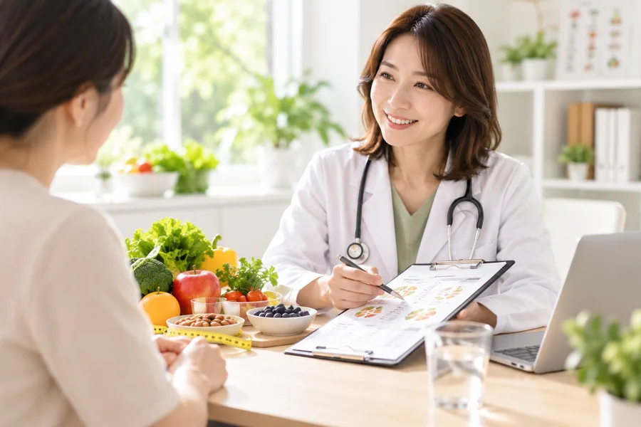 營養師與民眾在明亮診間討論飲食紀錄