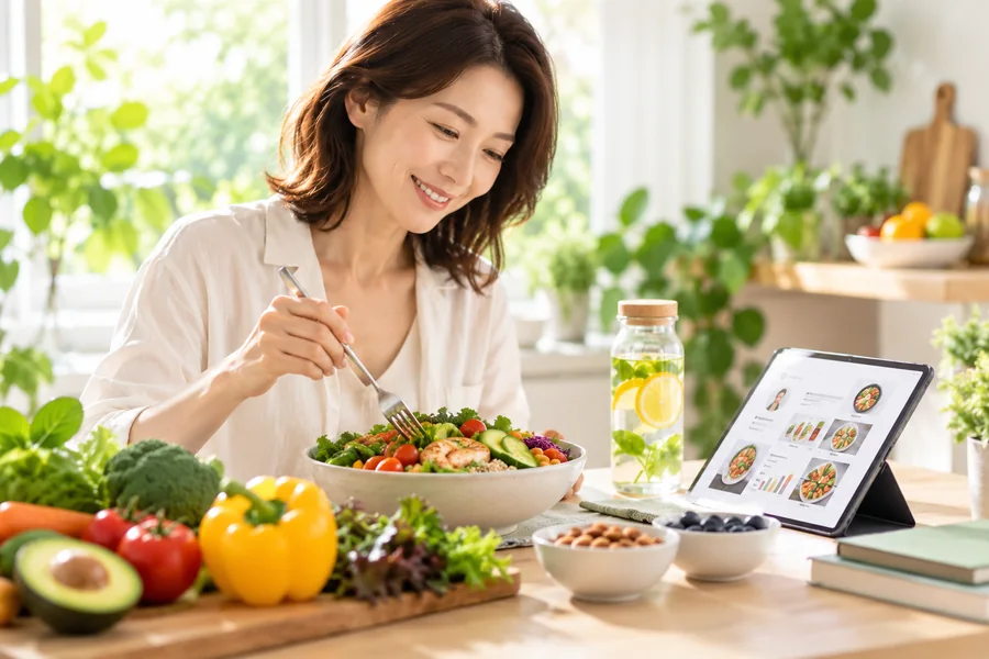 女性在餐桌前享用均衡沙拉
