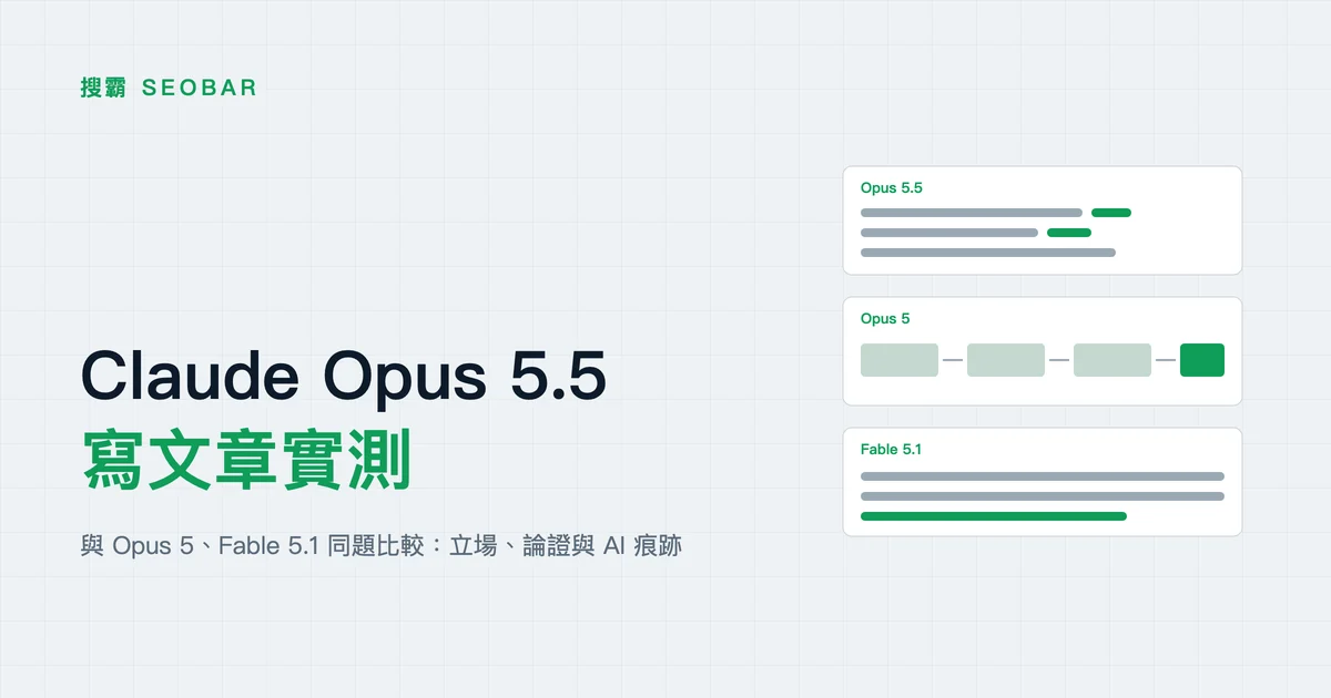 淺色底示意圖:左側標題「Claude Opus 5.5 寫文章實測」,右側三張卡片分別以短線條加數字、方塊鏈、長線條代表 Opus 5.5、Opus 5 與 Fable 5.1 三種寫法