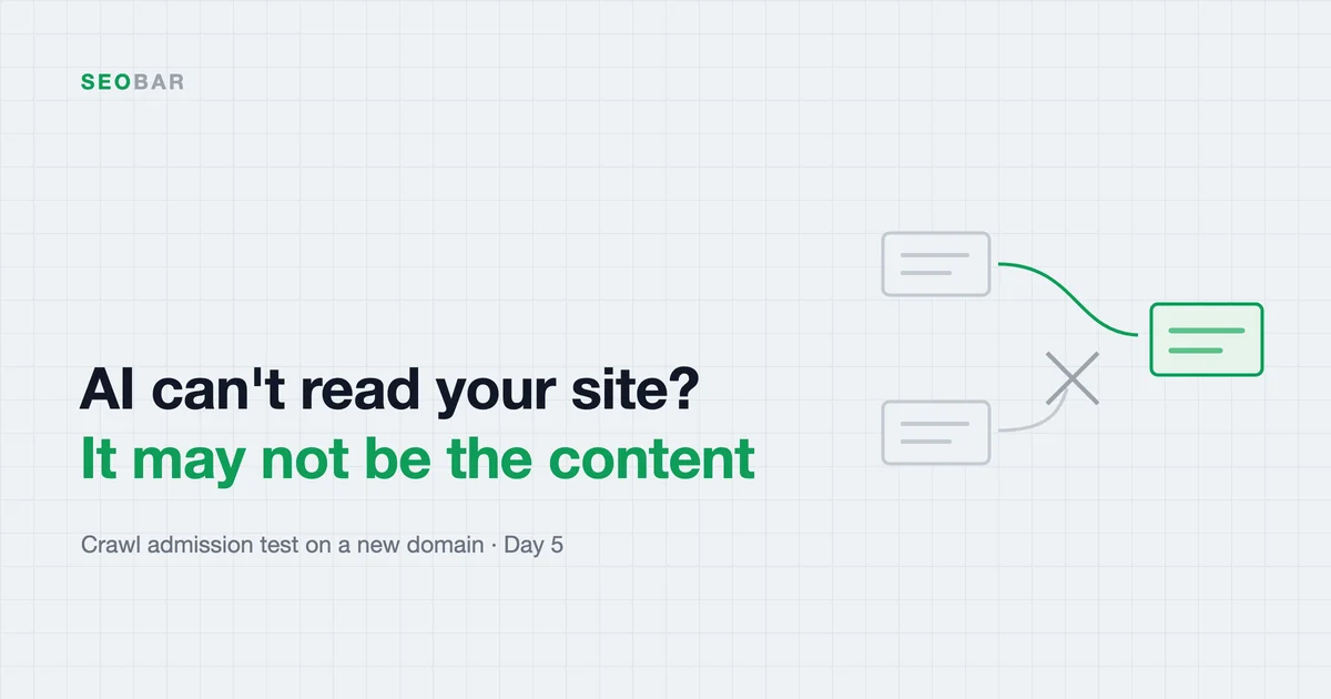 Light background diagram: two boxes representing websites on the left connect to a box representing AI on the right; one line is stopped partway by a grey X while the other passes through. Title reads "AI can't read your site? It may not be the content"
