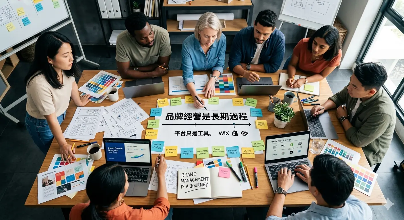俯瞰角度的多人協作照，桌上散著筆電、設計稿、便條紙。傳達「品牌經營是長期過程，平台只是工具」
