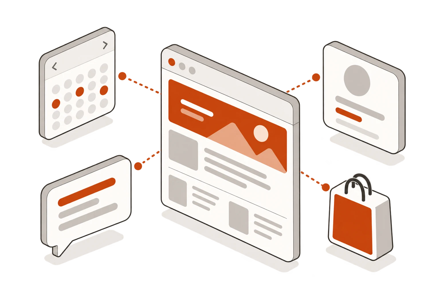 Isometric illustration: a central dashboard panel connected by dotted lines to four modules — a booking calendar, a chat bubble, a member card and a shopping bag
