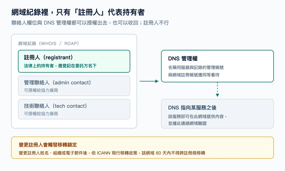網域紀錄結構圖:註冊人為法律上的持有者,管理與技術聯絡人及 DNS 管理權可授權給協力廠商