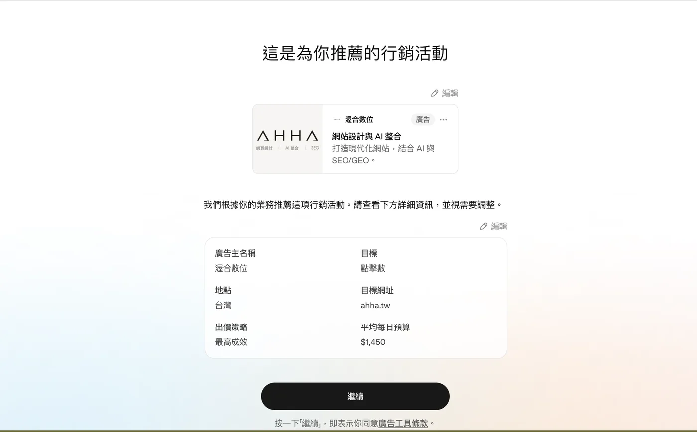 ChatGPT 廣告管理平台自動產生的建議行銷活動：廣告預覽為渥合數位的網站設計與 AI 整合，下方列出廣告主名稱、目標點擊數、地點台灣、目標網址 ahha.tw、出價策略最高成效、平均每日預算 1,450